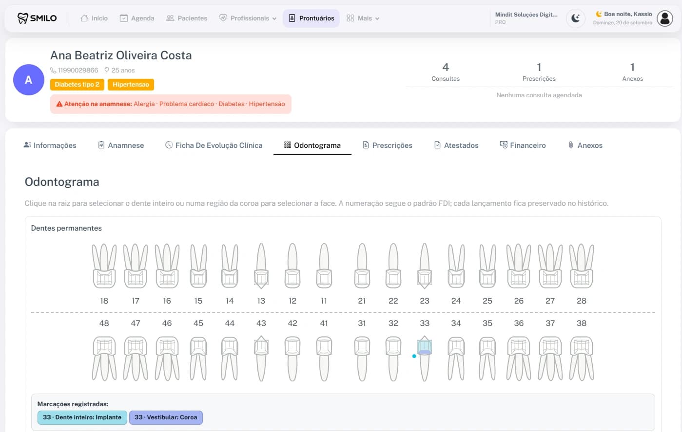 Odontograma no prontuário clínico do Smilo CRM