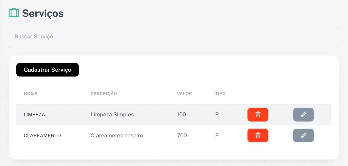 Cadastro de serviços da clínica no Smilo CRM