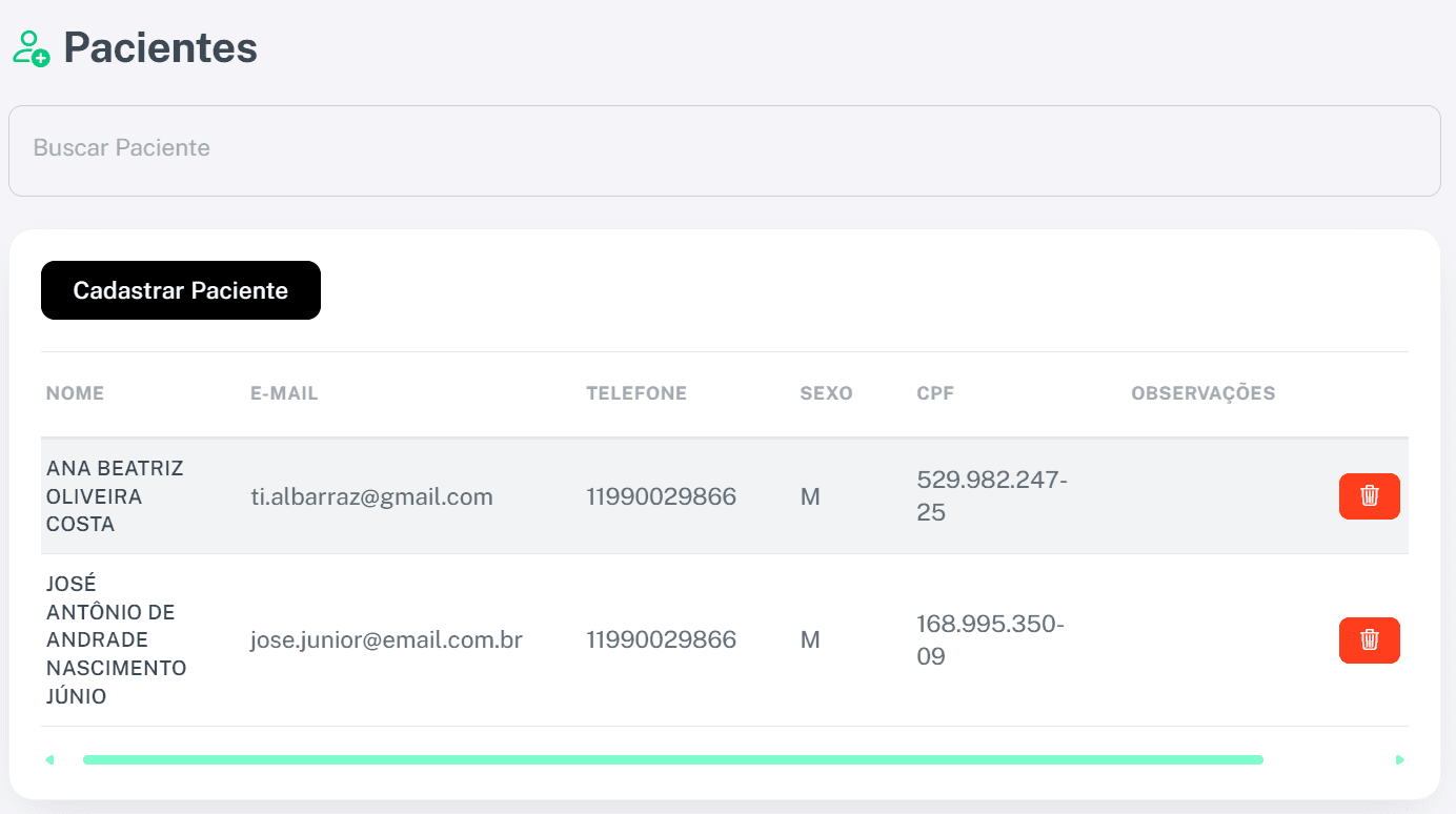 Formulário de cadastro de paciente no Smilo CRM